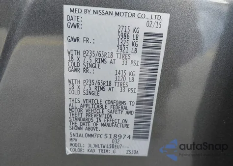 2015 Infiniti Qx60 из США, поврежденный, VIN 5N1AL0MM7FC518974